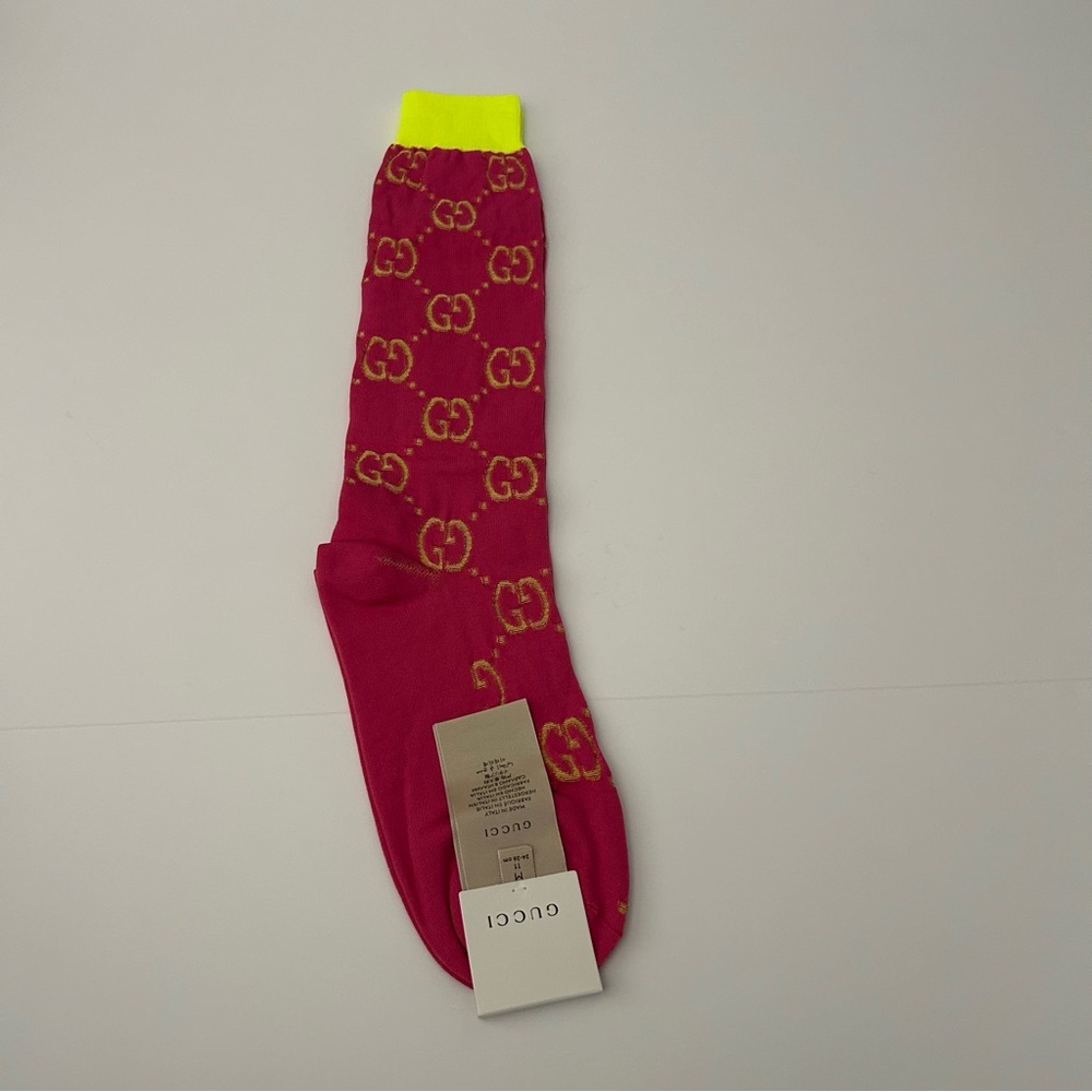 Gucci Magenta Bright Yellow Monogram GG Logo Rib Knit Long Socks Size Medium - Picture 5 of 8